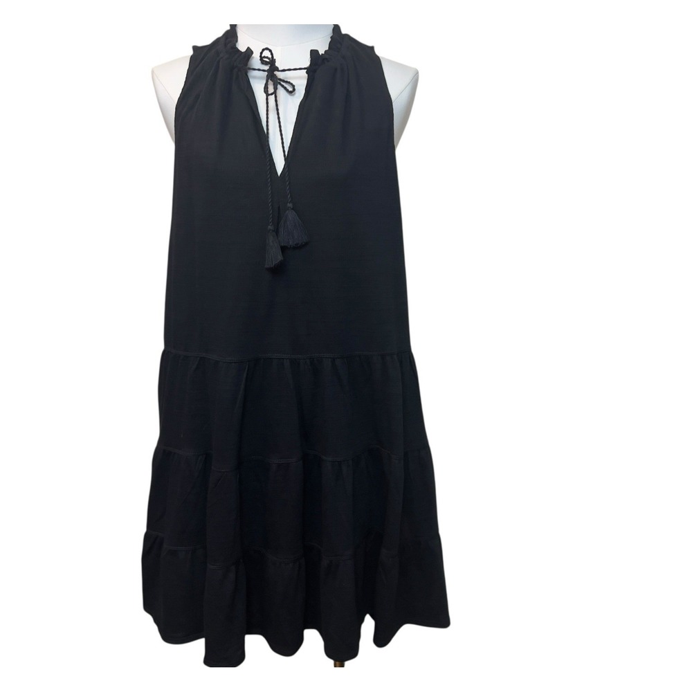 Max Studio Tiered Sleeveless Tassel Tie VNeck Black Mini Dress Small Relaxed NEW